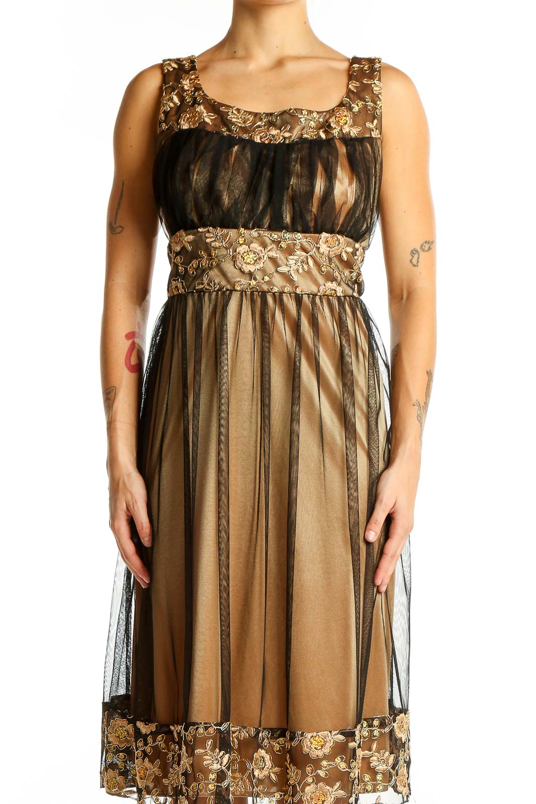 Gold Floral Embroidered Tulle Overlay Dress Front