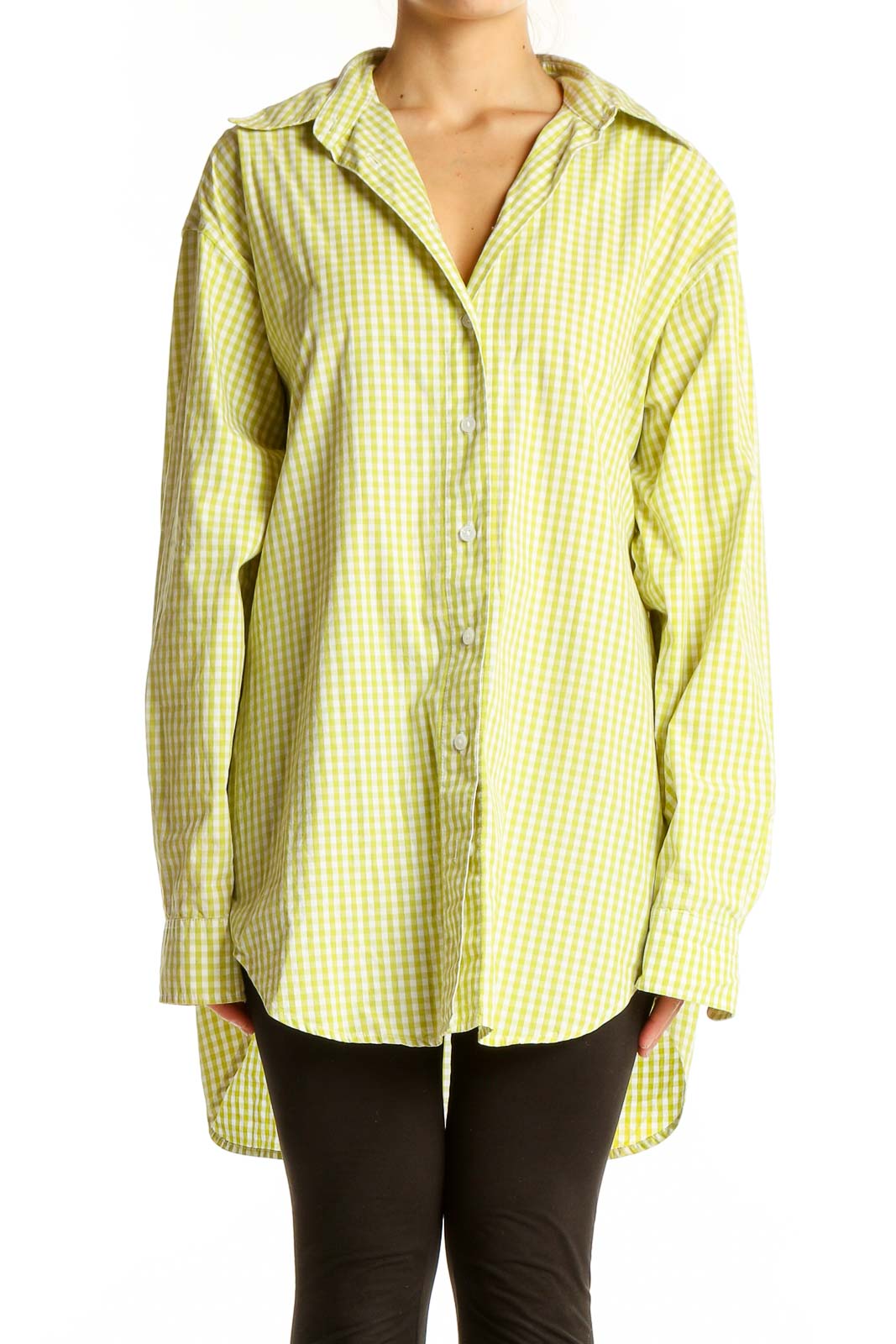 Yellow Gingham Oversized Button-Up Shirt Front