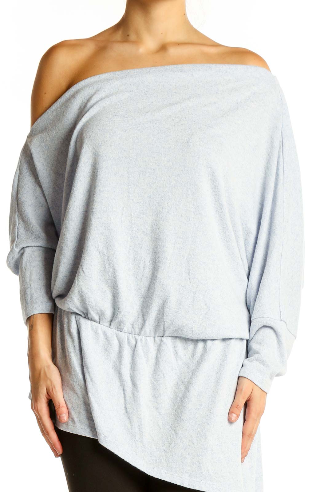 Light Gray Off-Shoulder Cotton Knit Top Front
