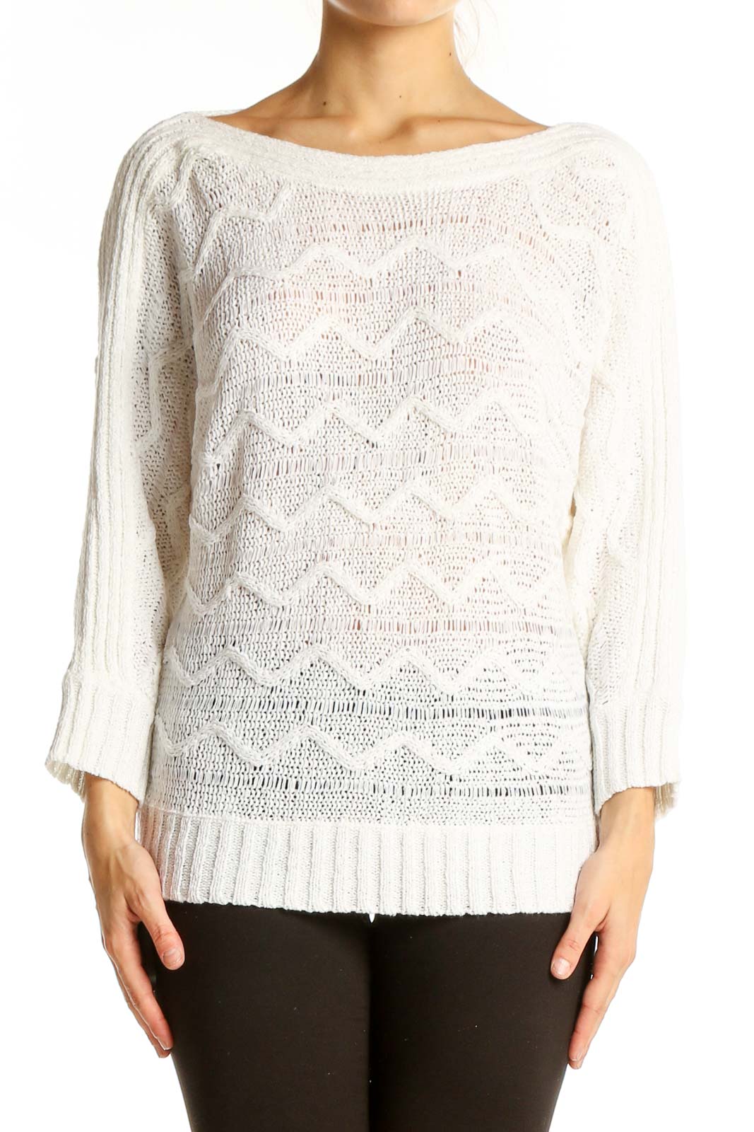 White Cotton Knit Sweater with Textured Pattern Front