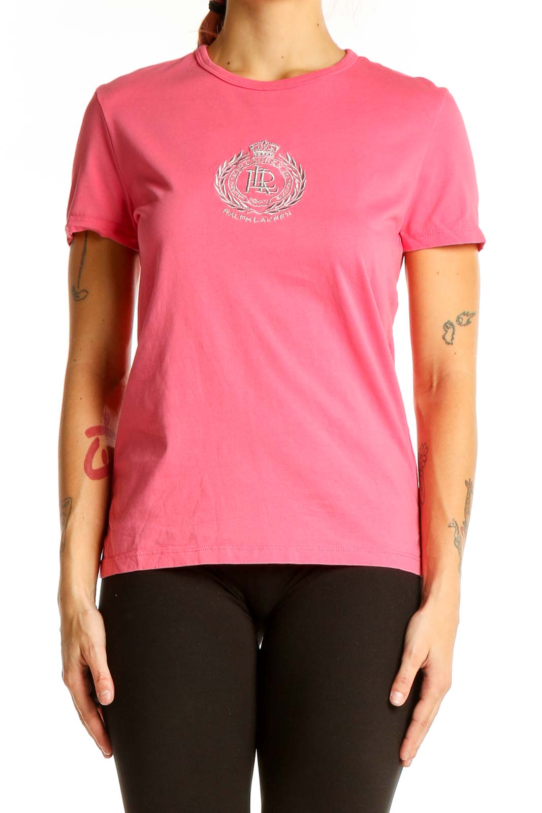 Pink Cotton Embroidered Logo T-Shirt Front