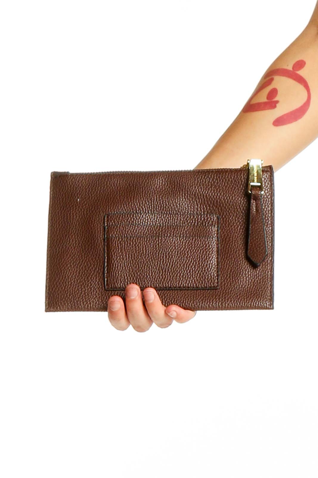 Brown Leather Zip Clutch Front