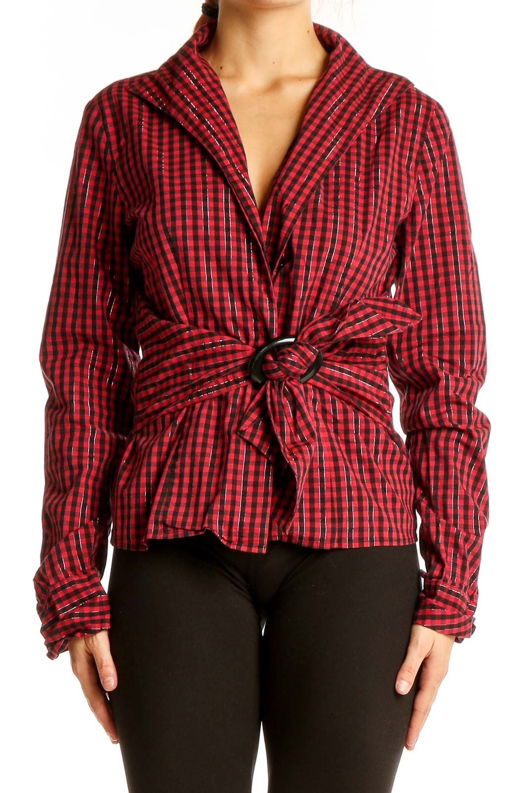 Red Plaid Wrap-Style Blouse Front