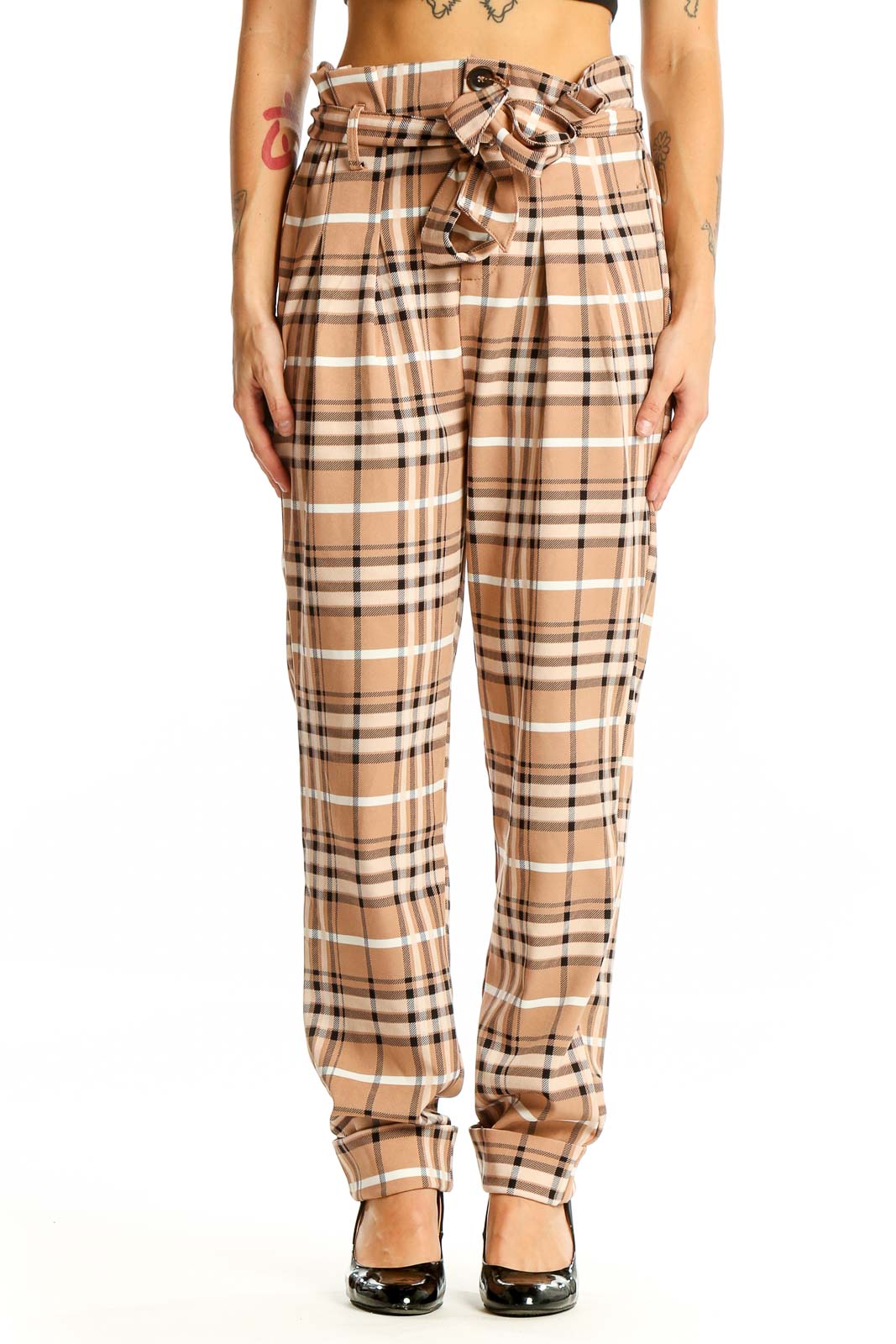 Beige Plaid High-Waisted Belted Pants Front