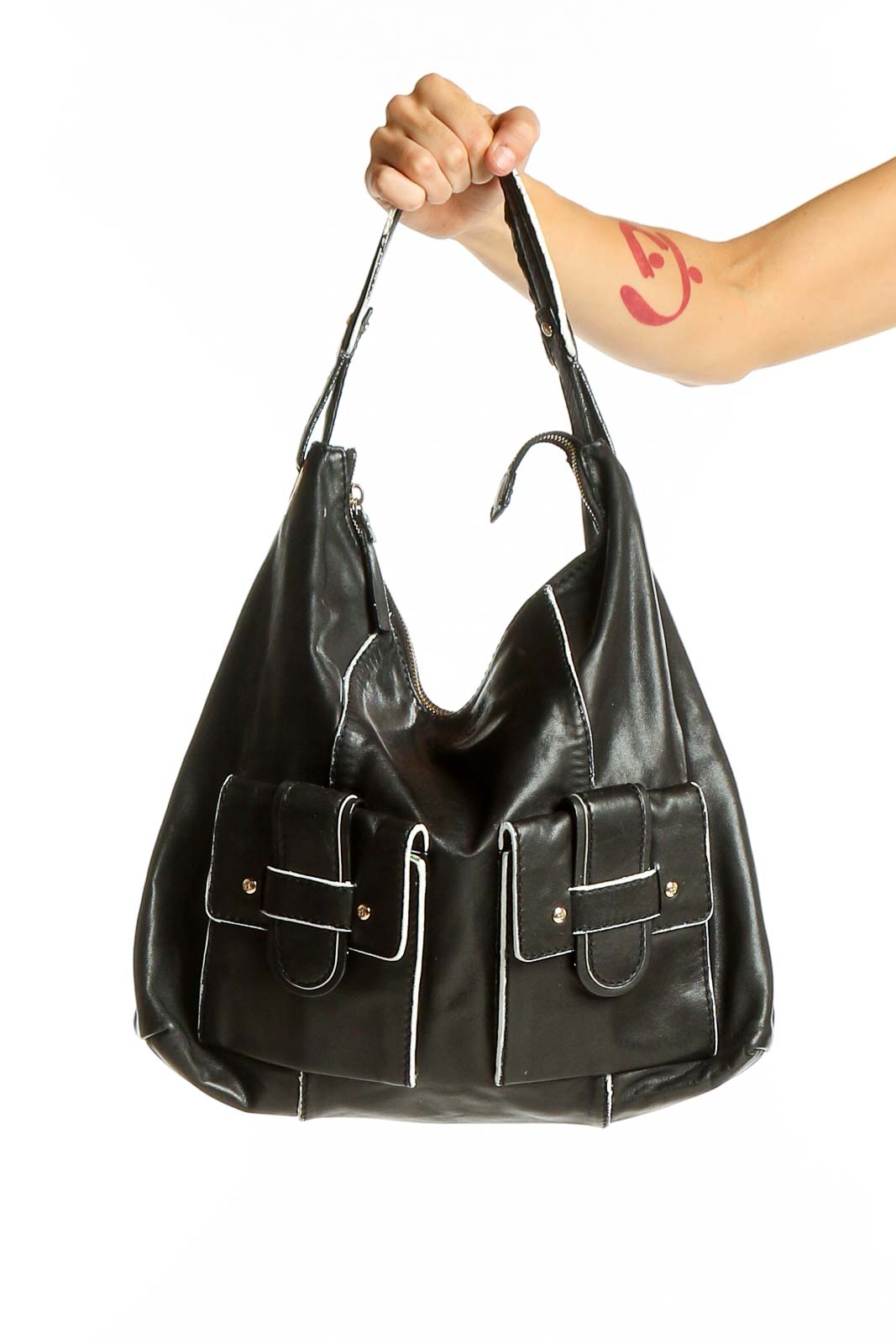 Black Leather Hobo Shoulder Bag Front