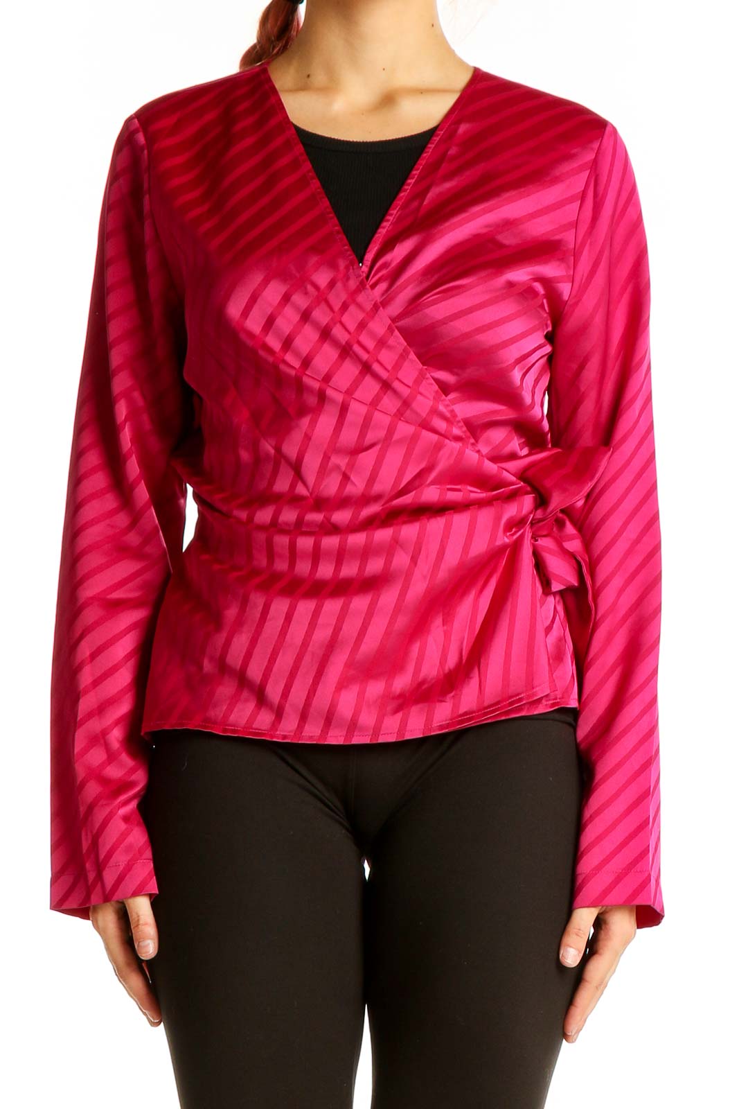 Hot Pink Striped Wrap Blouse Front