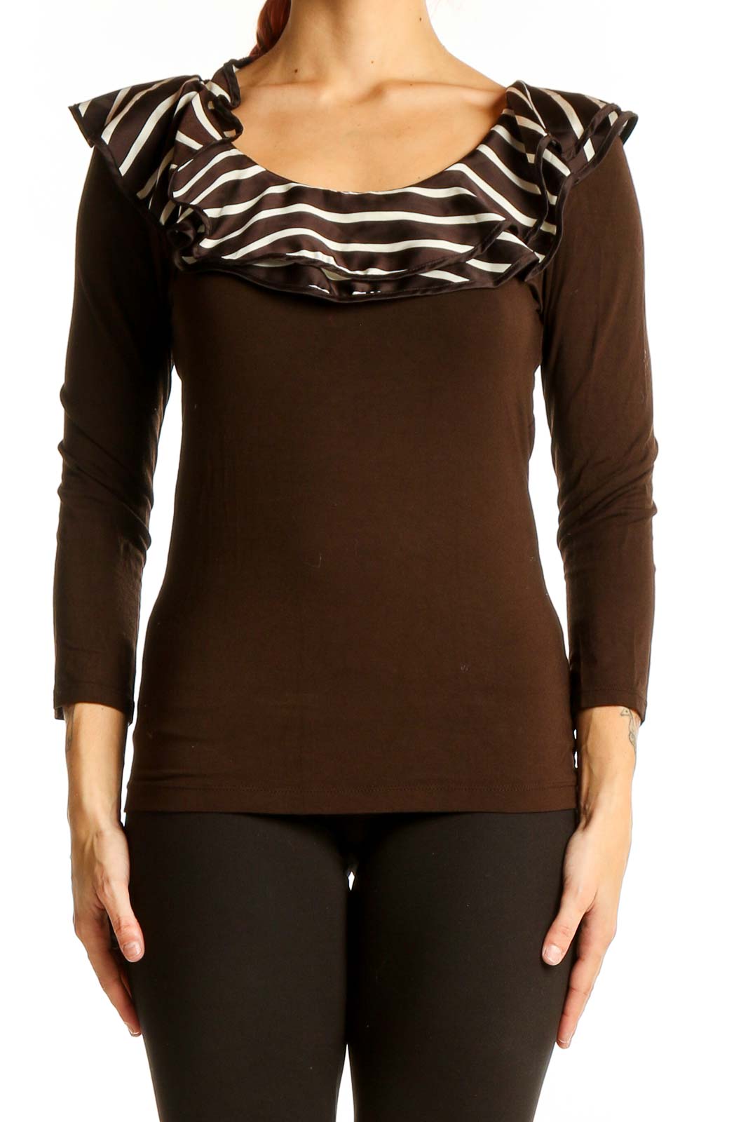 Brown Striped Ruffle Neck Top Front