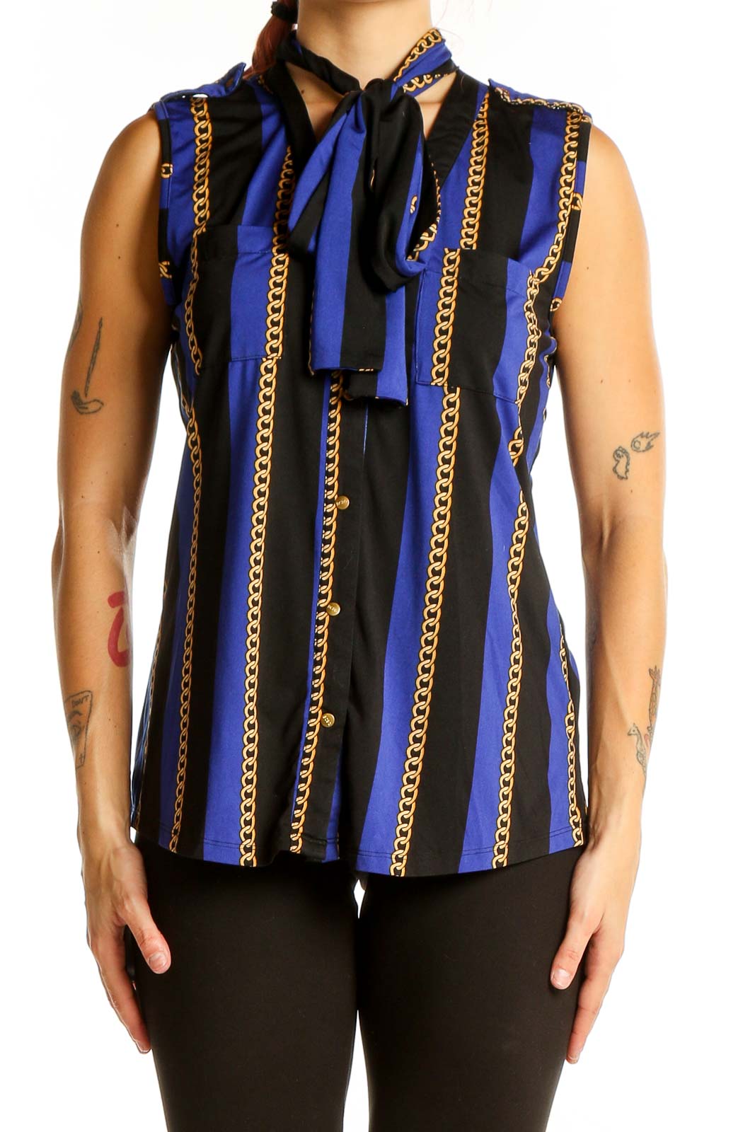 Blue and Black Striped Sleeveless Blouse Front