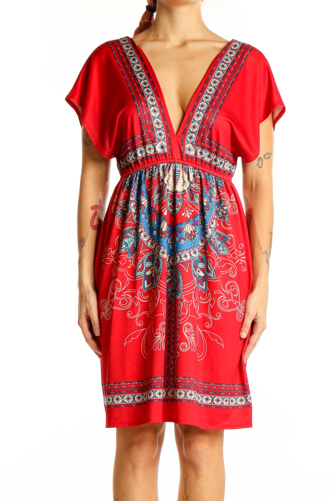 Red Bohemian Empire Waist Mini Dress Front