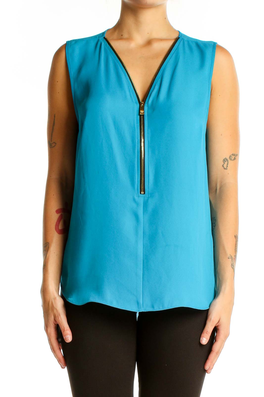 Turquoise Sleeveless Zip-Front Blouse Front