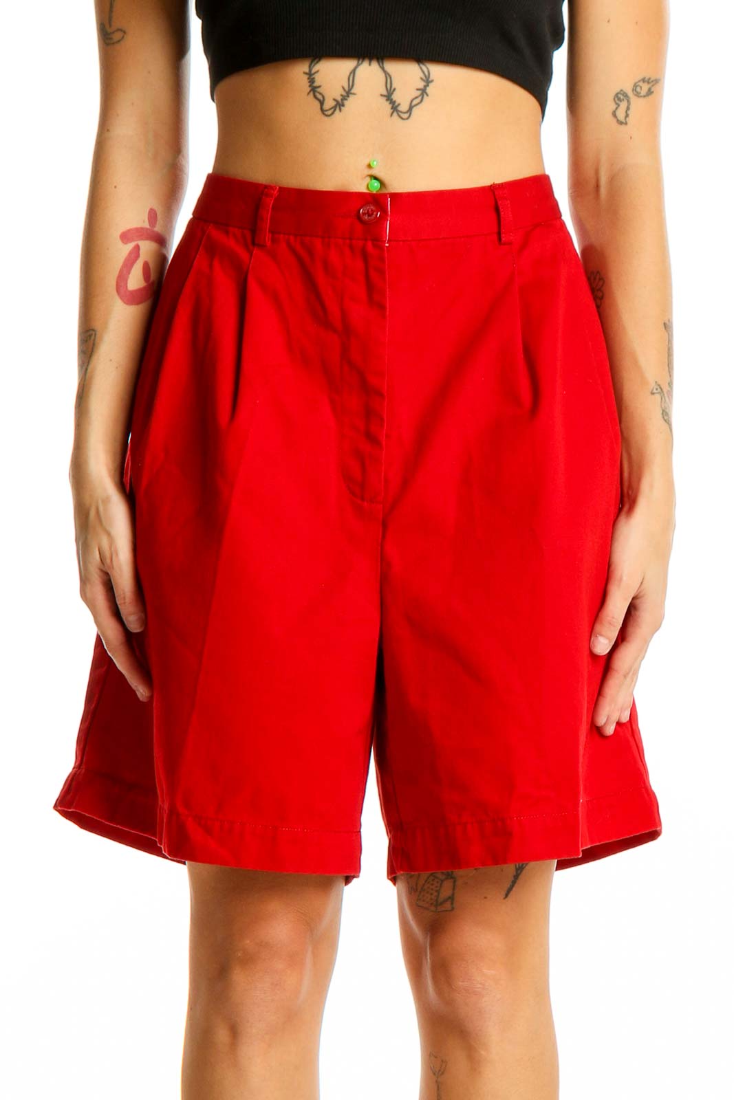 Red Cotton Pleated Bermuda Shorts Front