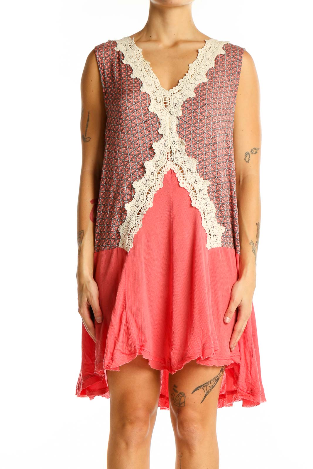 Coral Floral Print Lace-Trimmed Dress Front
