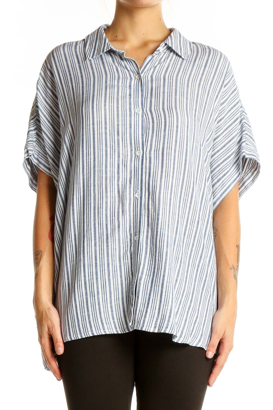 Blue Striped Linen-Blend Oversized Button-Down Shirt Front