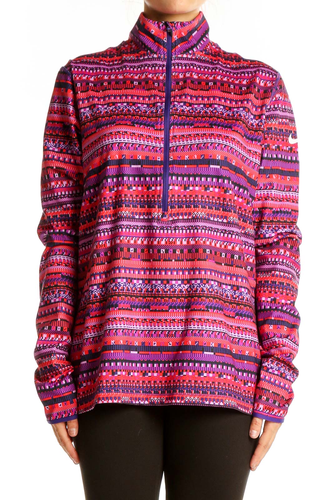 Pink Patterned Half-Zip Activewear Top Front
