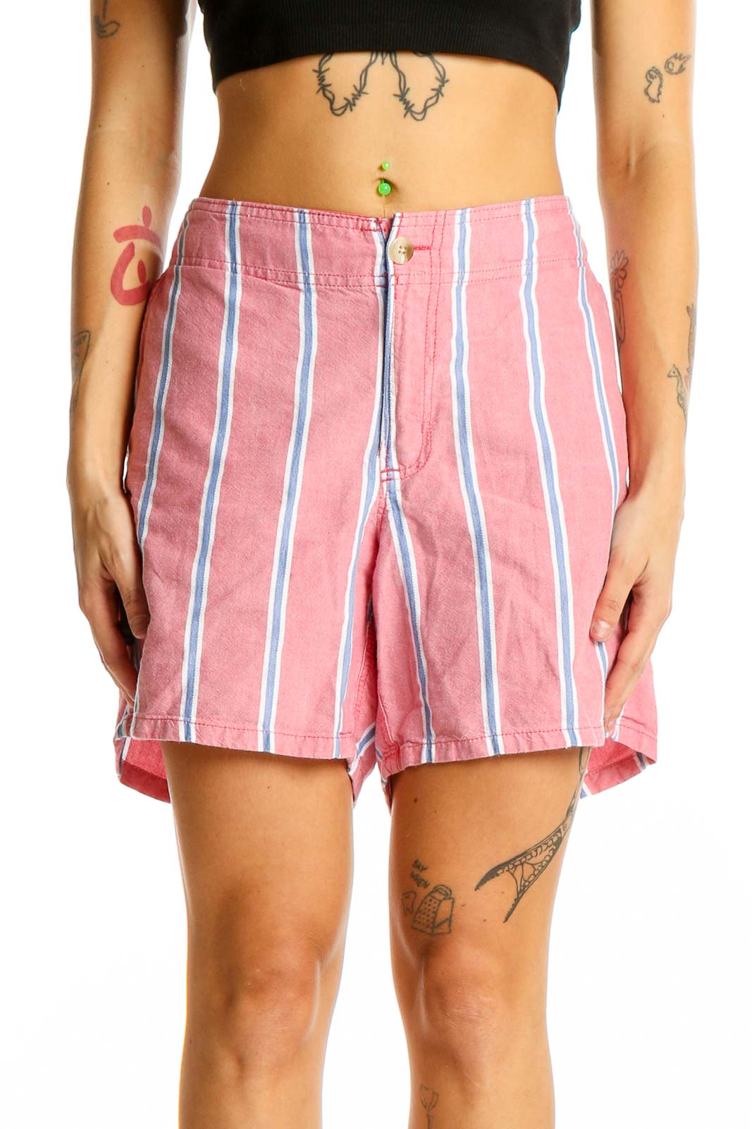 Pink Striped Cotton Shorts Front
