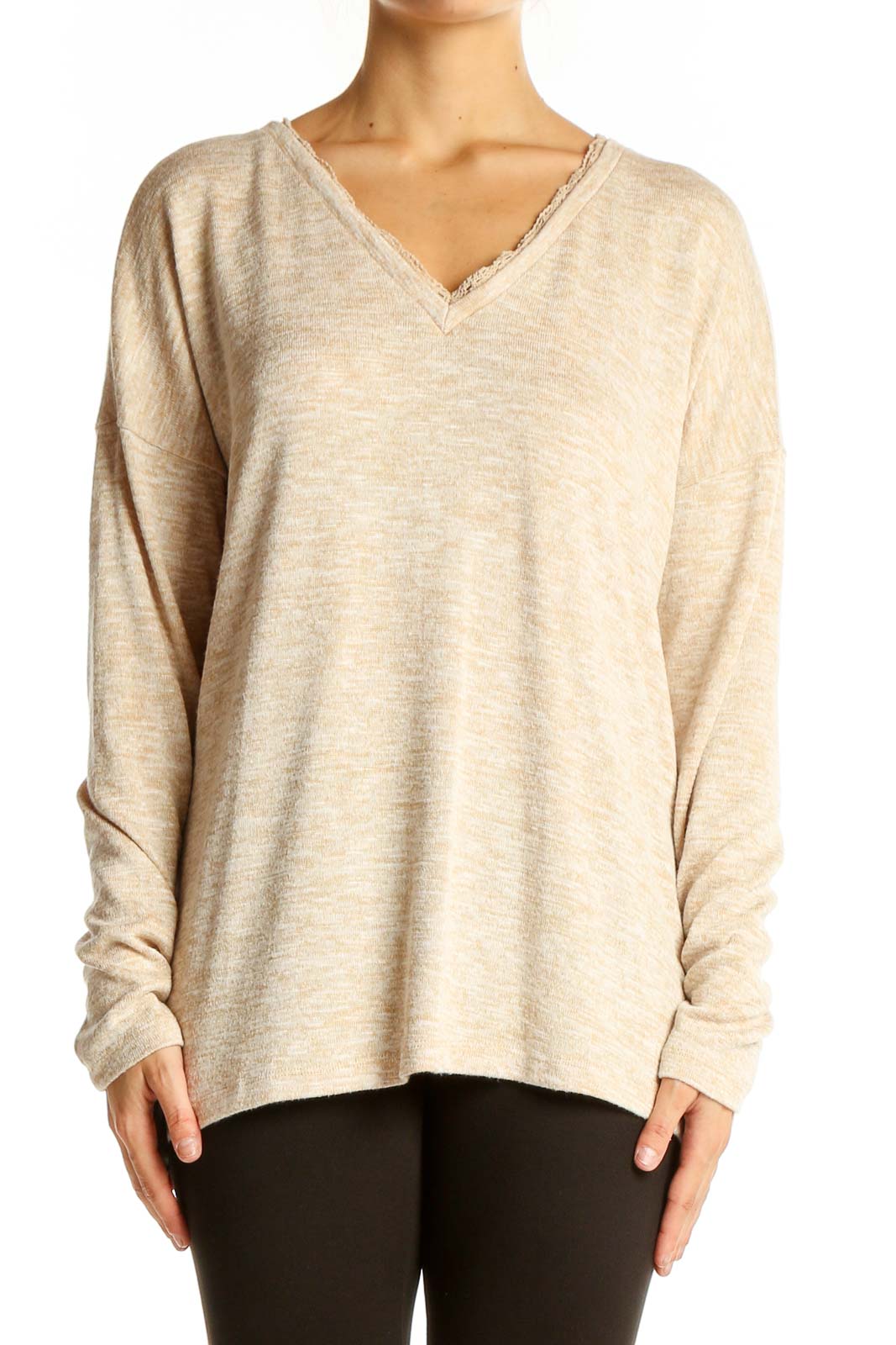 Beige V-Neck Long Sleeve Knit Sweater Front