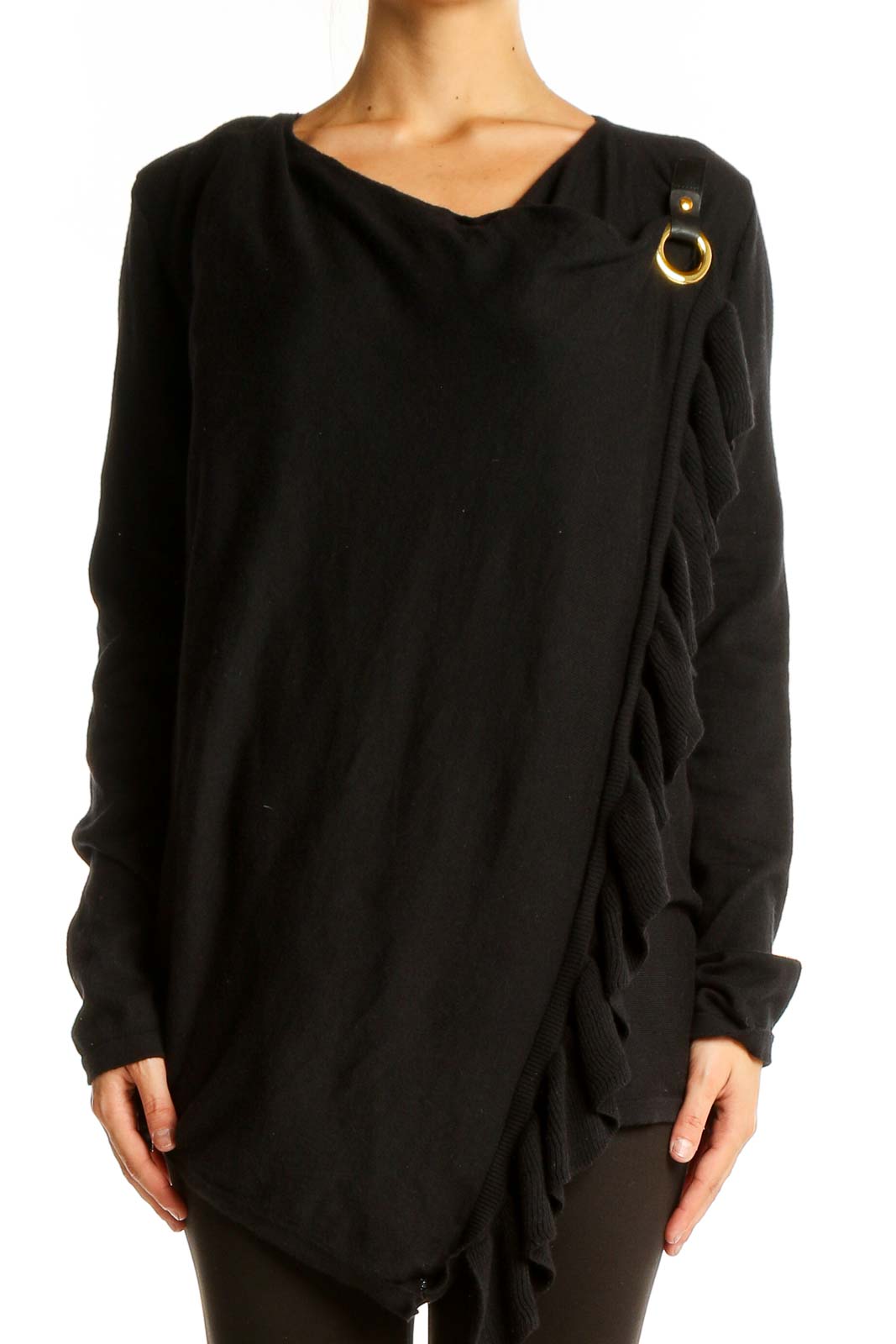 Black Asymmetrical Wrap Knit Sweater Front