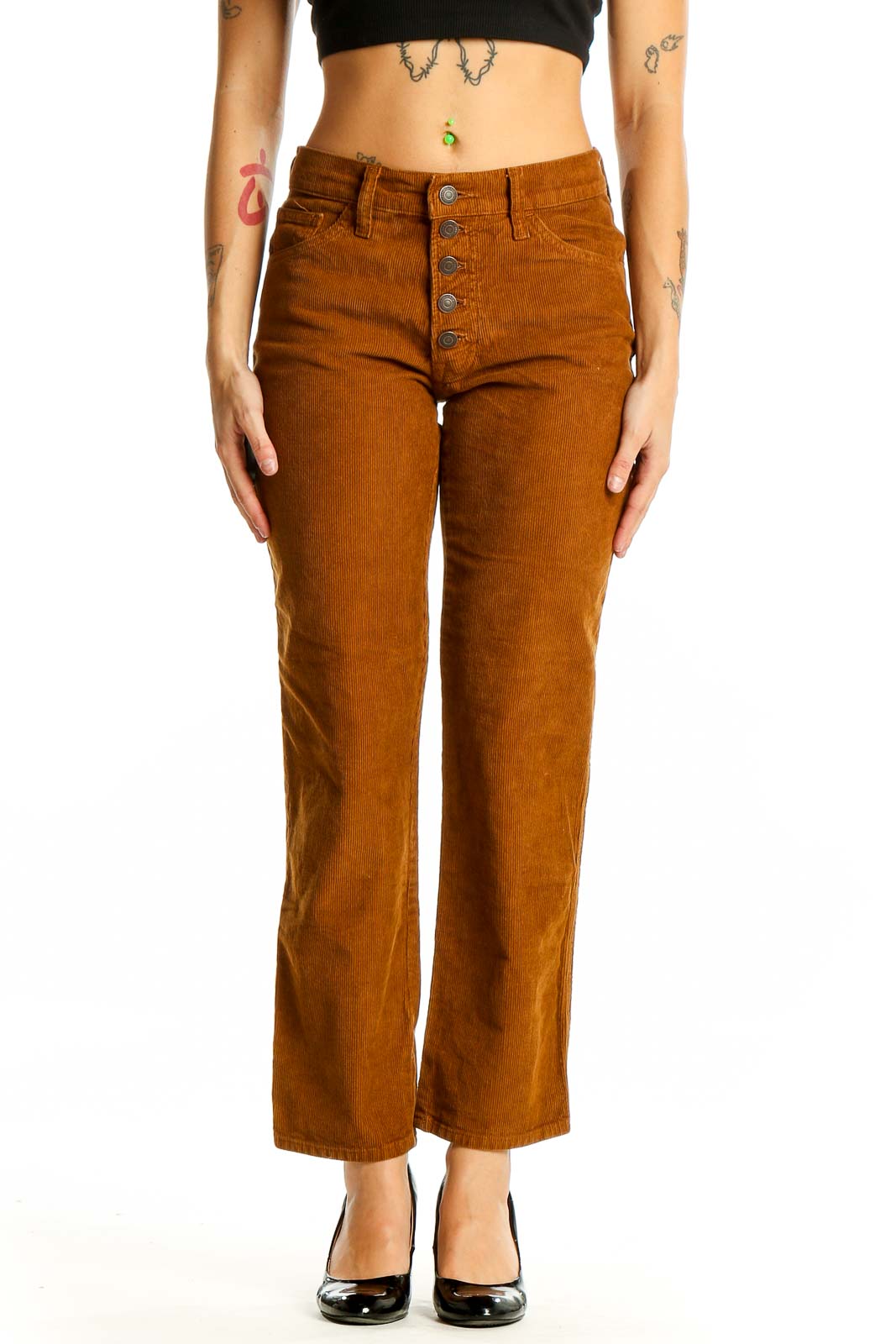 Caramel Corduroy Button-Front Pants Front
