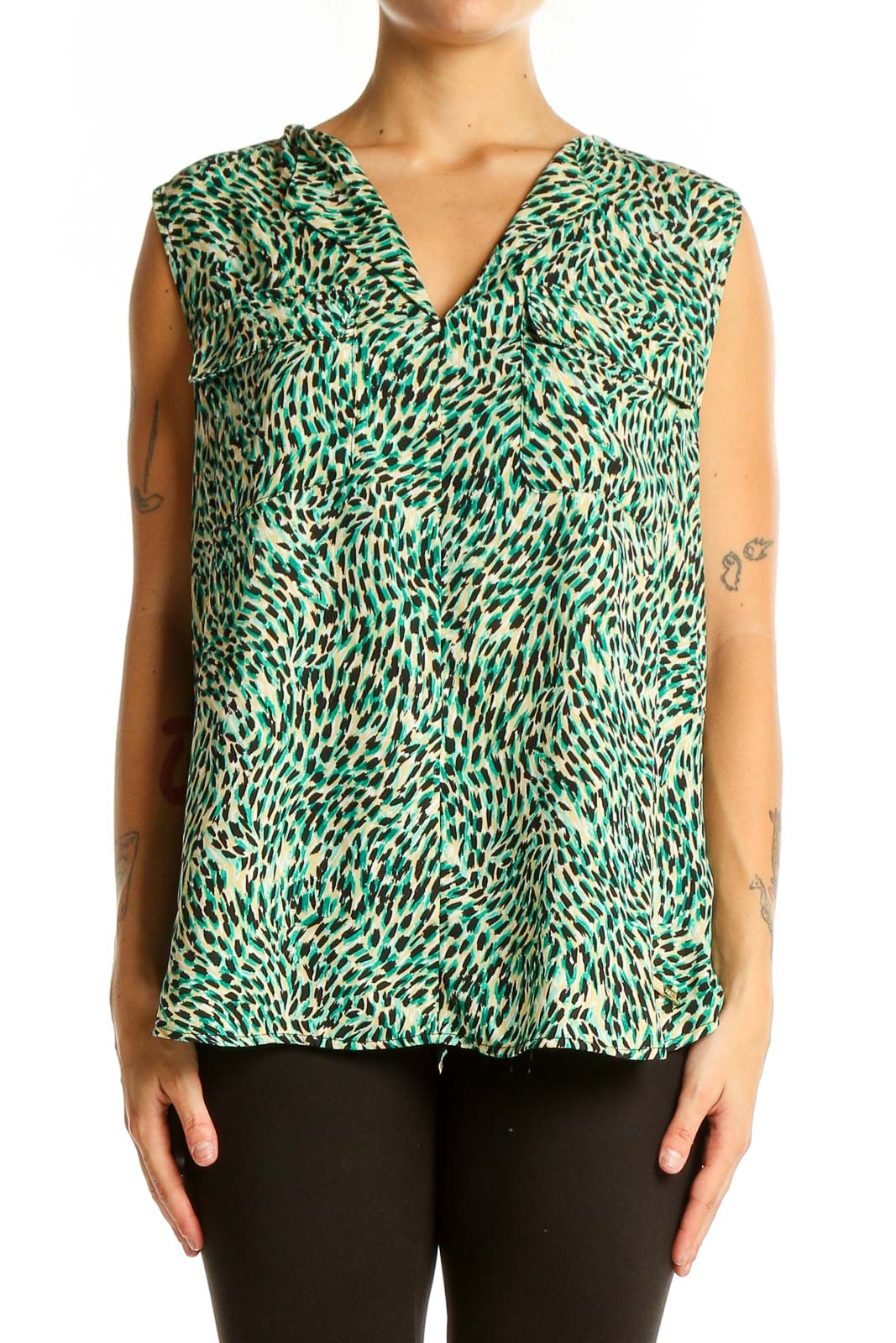 Green Animal Print Sleeveless Blouse Front
