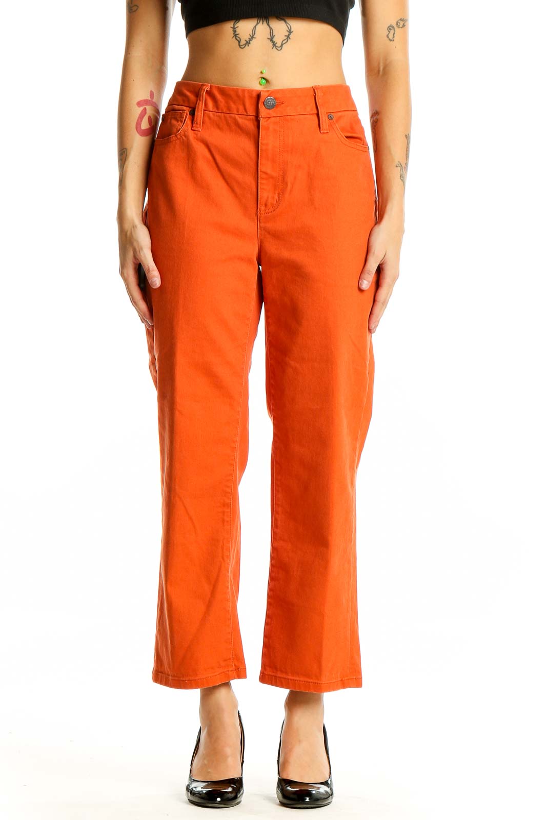 Orange High-Waisted Wide-Leg Cropped Jeans Front