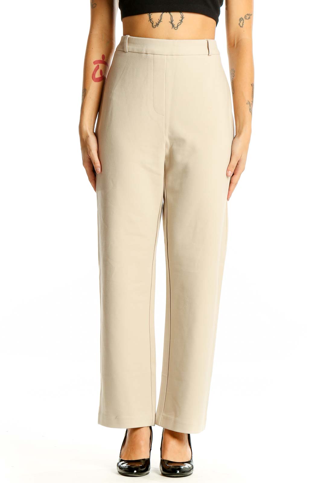 Beige High-Waisted Wide-Leg Trousers Front