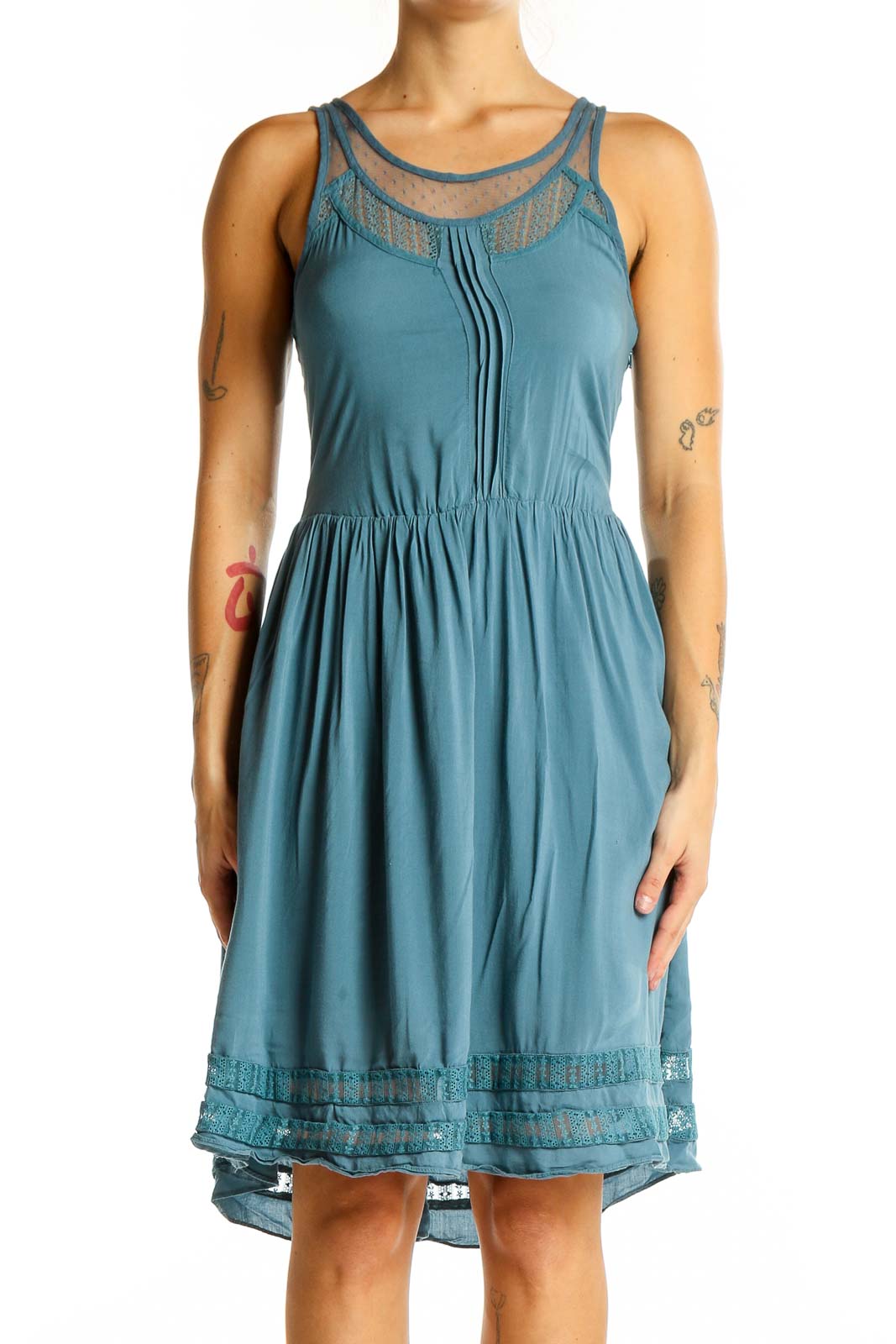 Teal Sleeveless Lace-Trimmed Dress Front