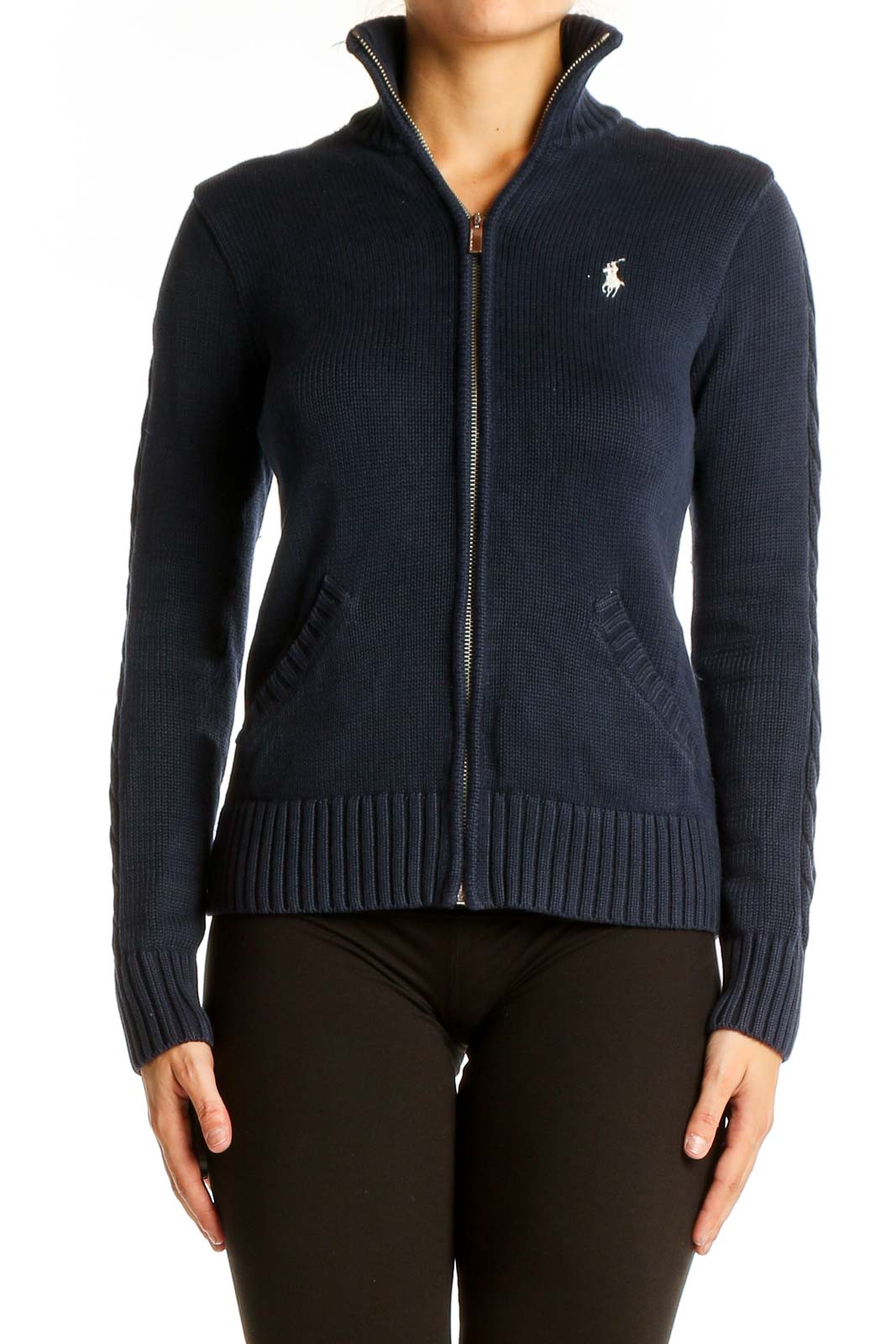 Navy Cotton Zip-Up Knit Sweater Front
