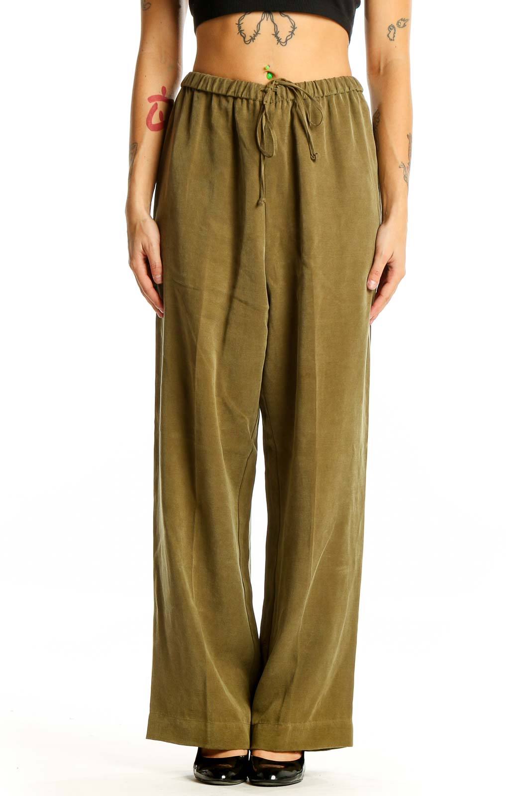 Olive Tencel Lyocell Wide-Leg Pants Front