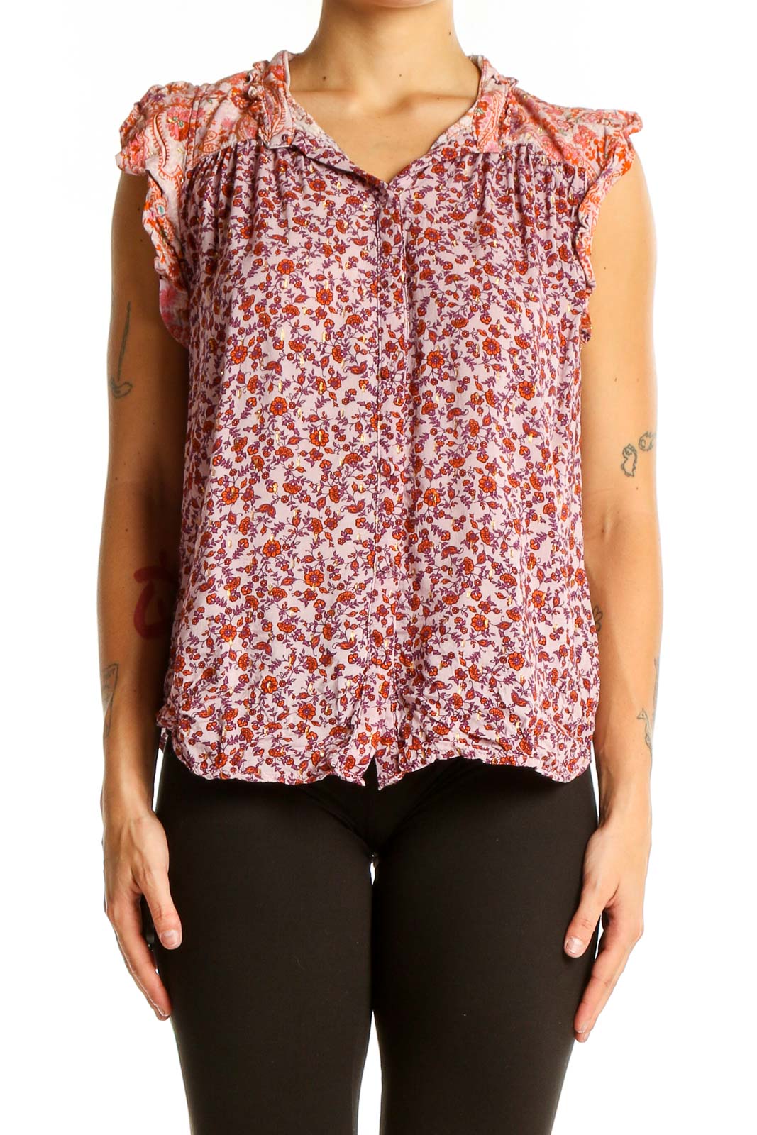 Pink Floral Ruffled Sleeveless Blouse Front