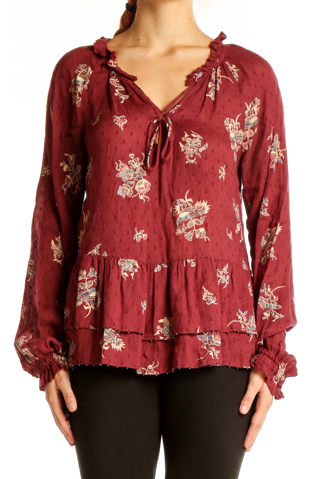 Burgundy Floral Print Peplum Blouse Front