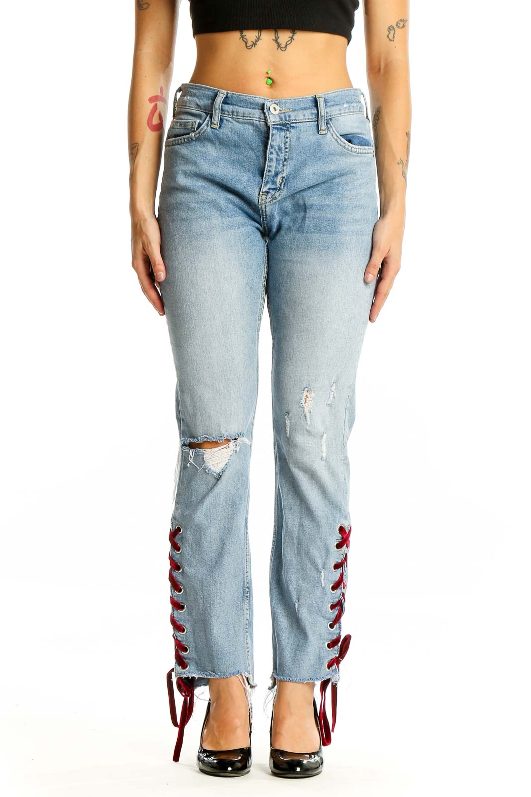 Blue Red Tie Light Rinse Jeans Front