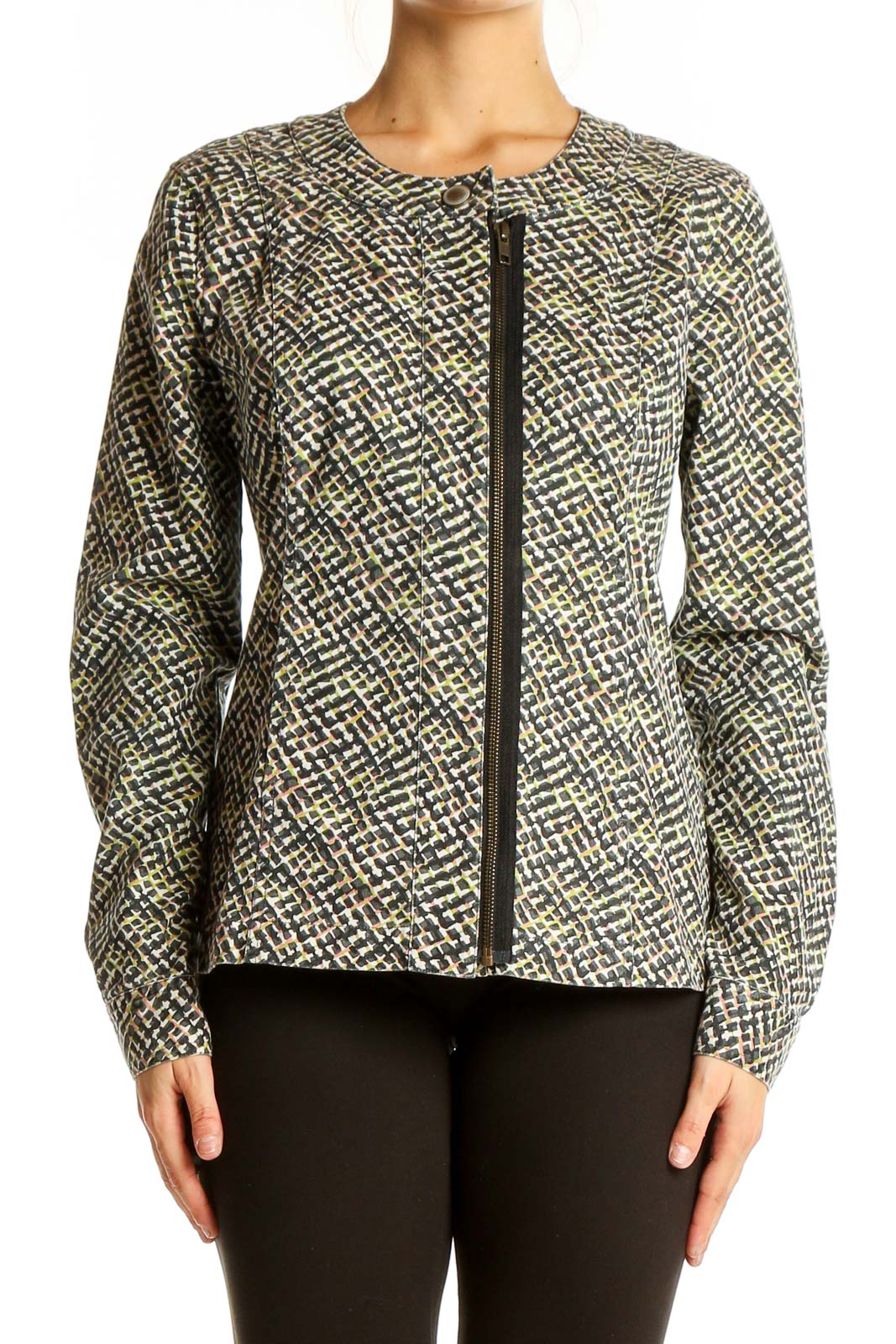 Green Patterned Zip-Up Jacket Front
