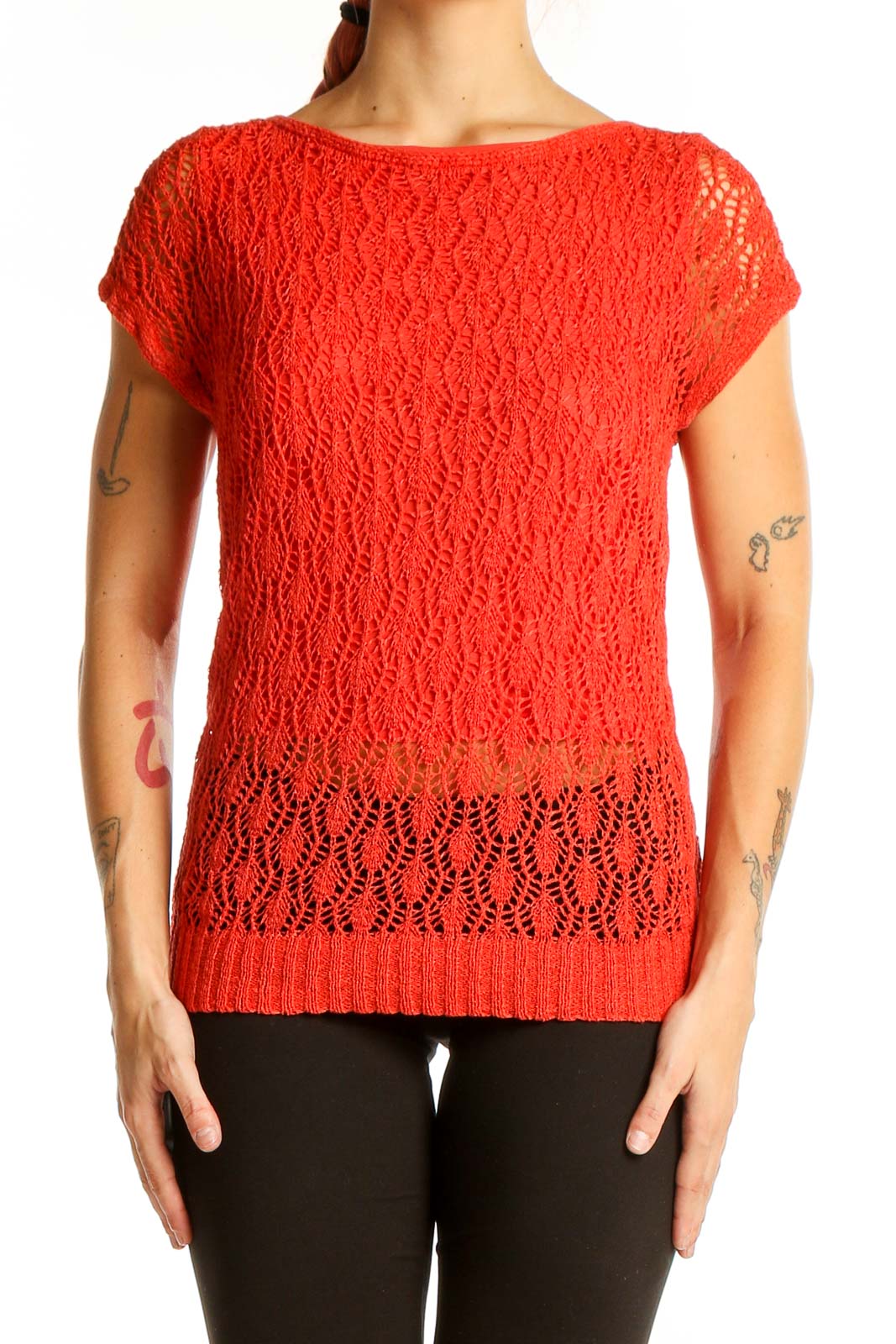 Red Lace Knit Short Sleeve Top Front