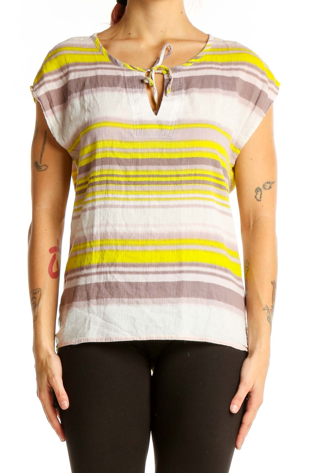 Yellow Striped Cotton Cap Sleeve Top Front