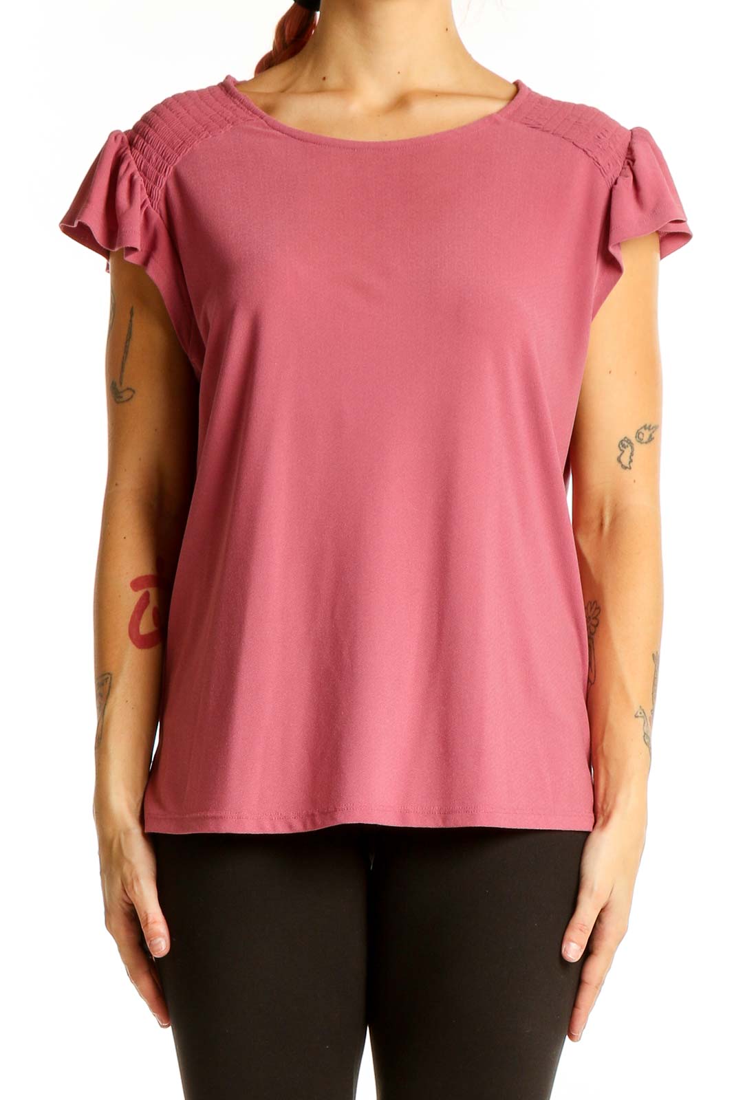 Pink Ruffled Sleeve Polyester Blouse Front