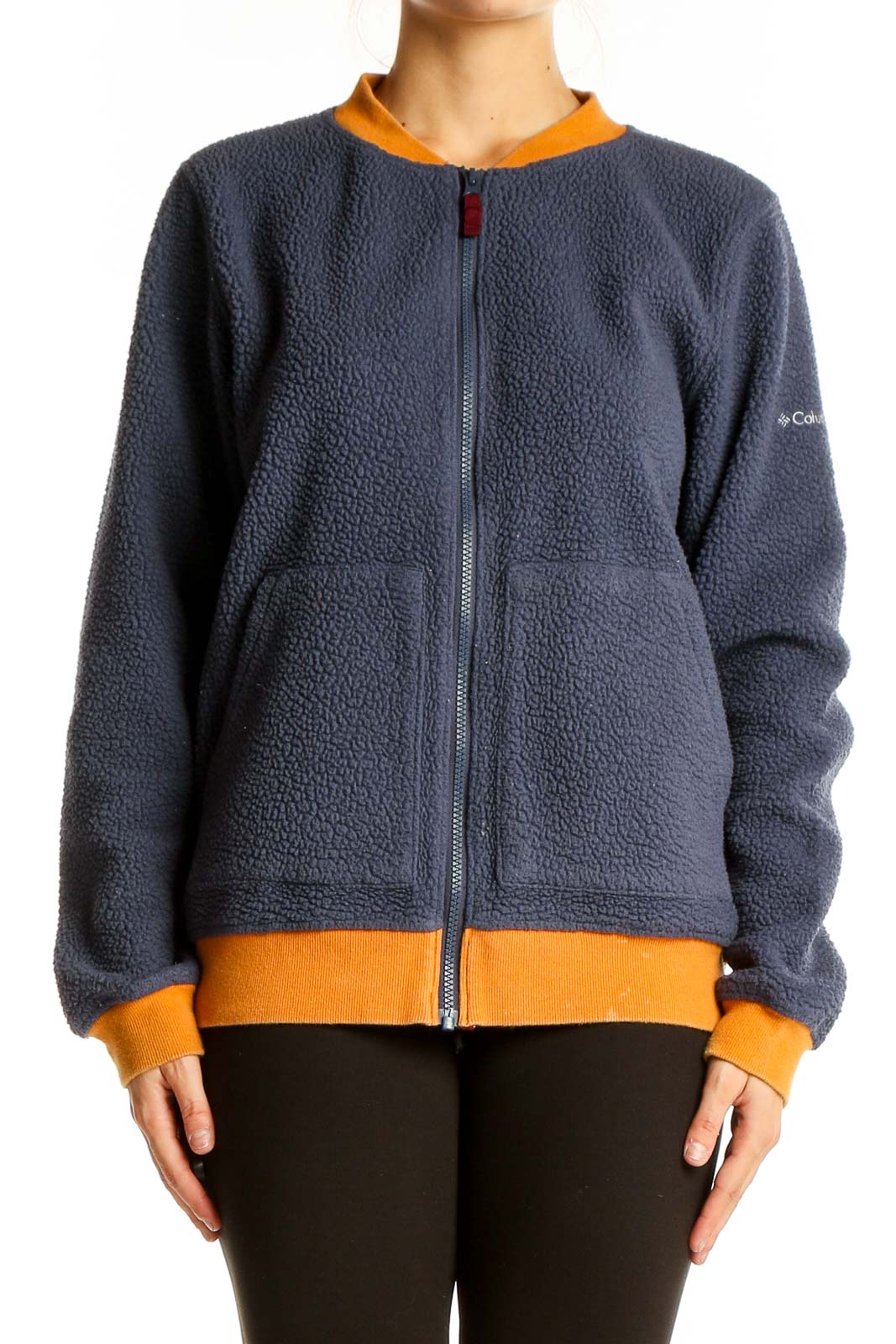 Navy Fleece Activewear Jacket with Orange Trim Front