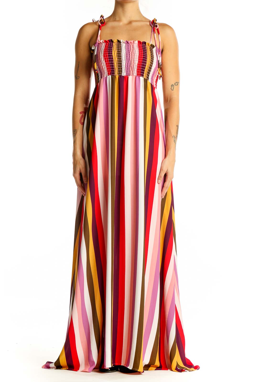 Red Pink Multicolor Striped Maxi Dress Front