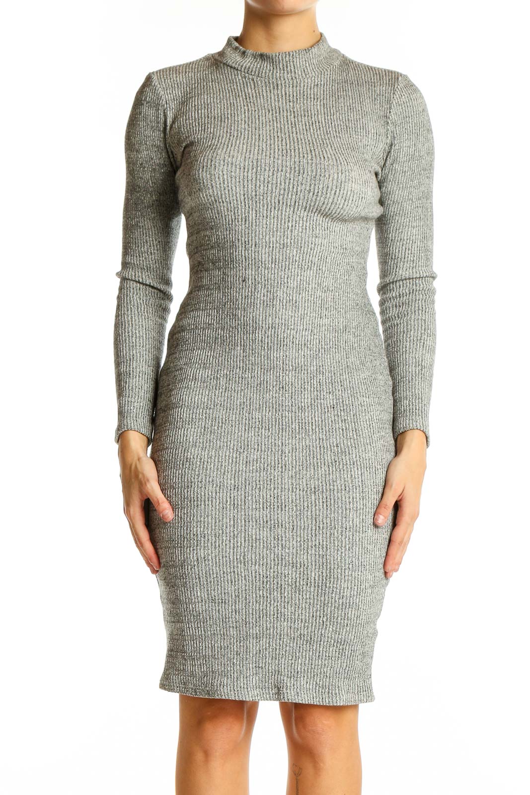 Gray Ribbed Bodycon Midi Dress Front