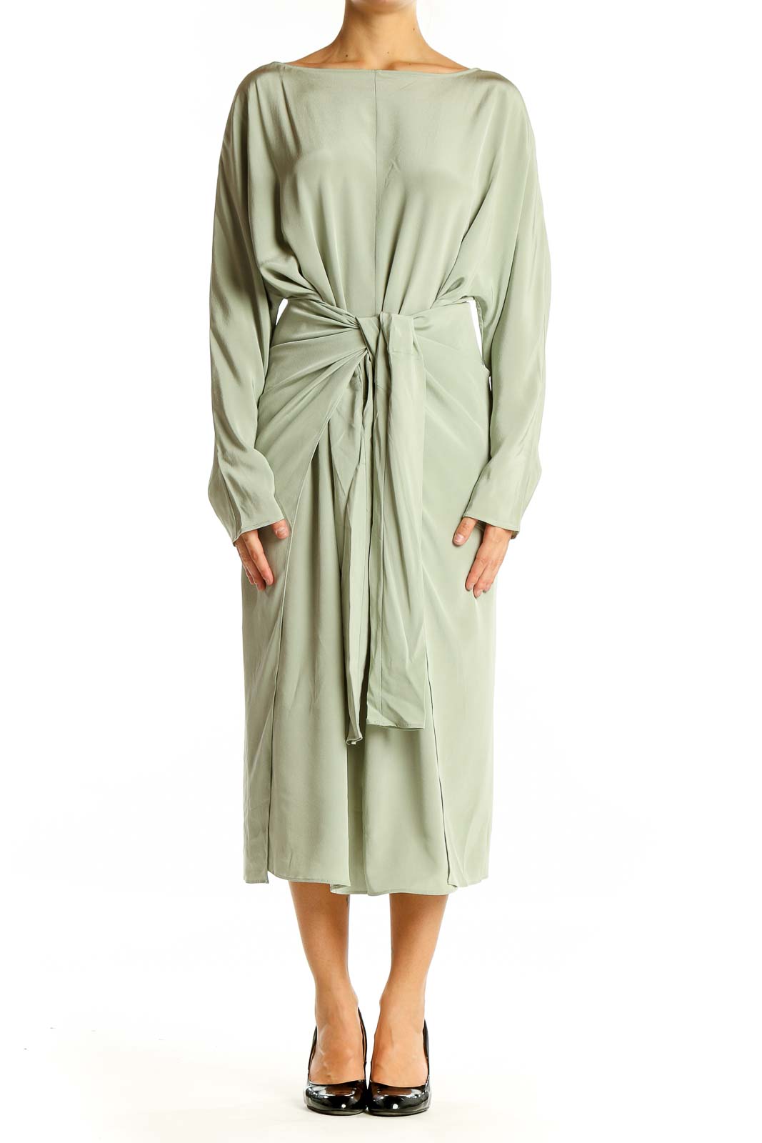 Sage Green Silk Wrap Midi Dress Front