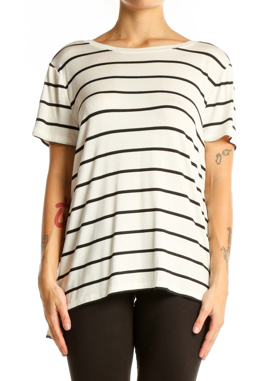 White and Black Striped Short Sleeve Top Front