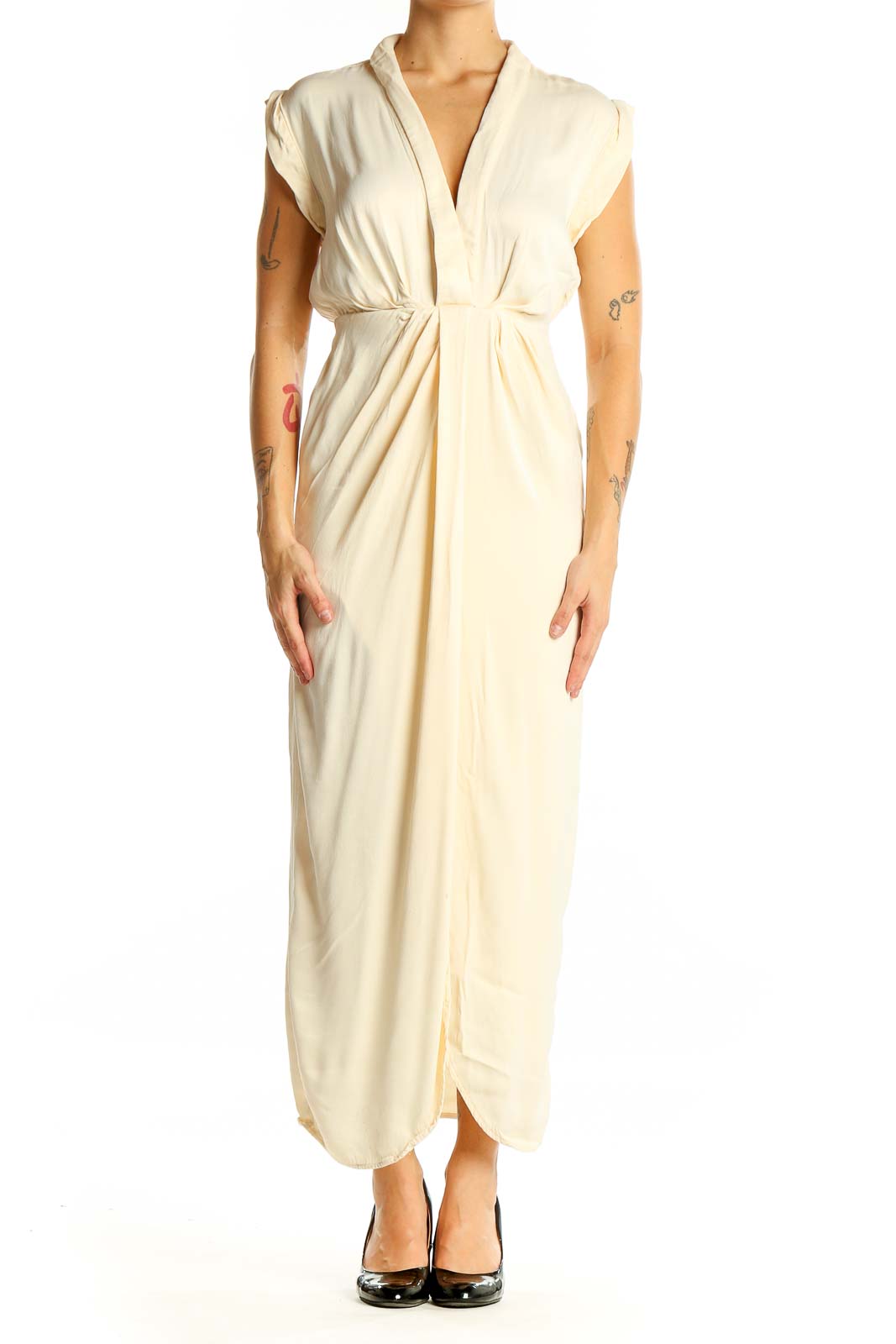 Cream Elegant Maxi Dress with V-Neck Front