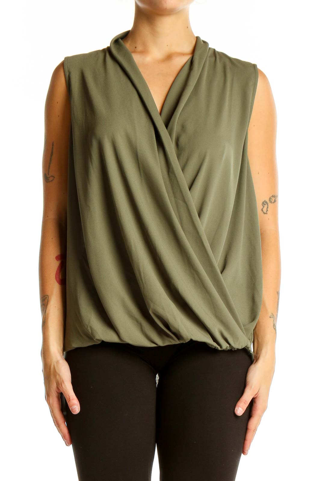 Olive Sleeveless Wrap Blouse Front