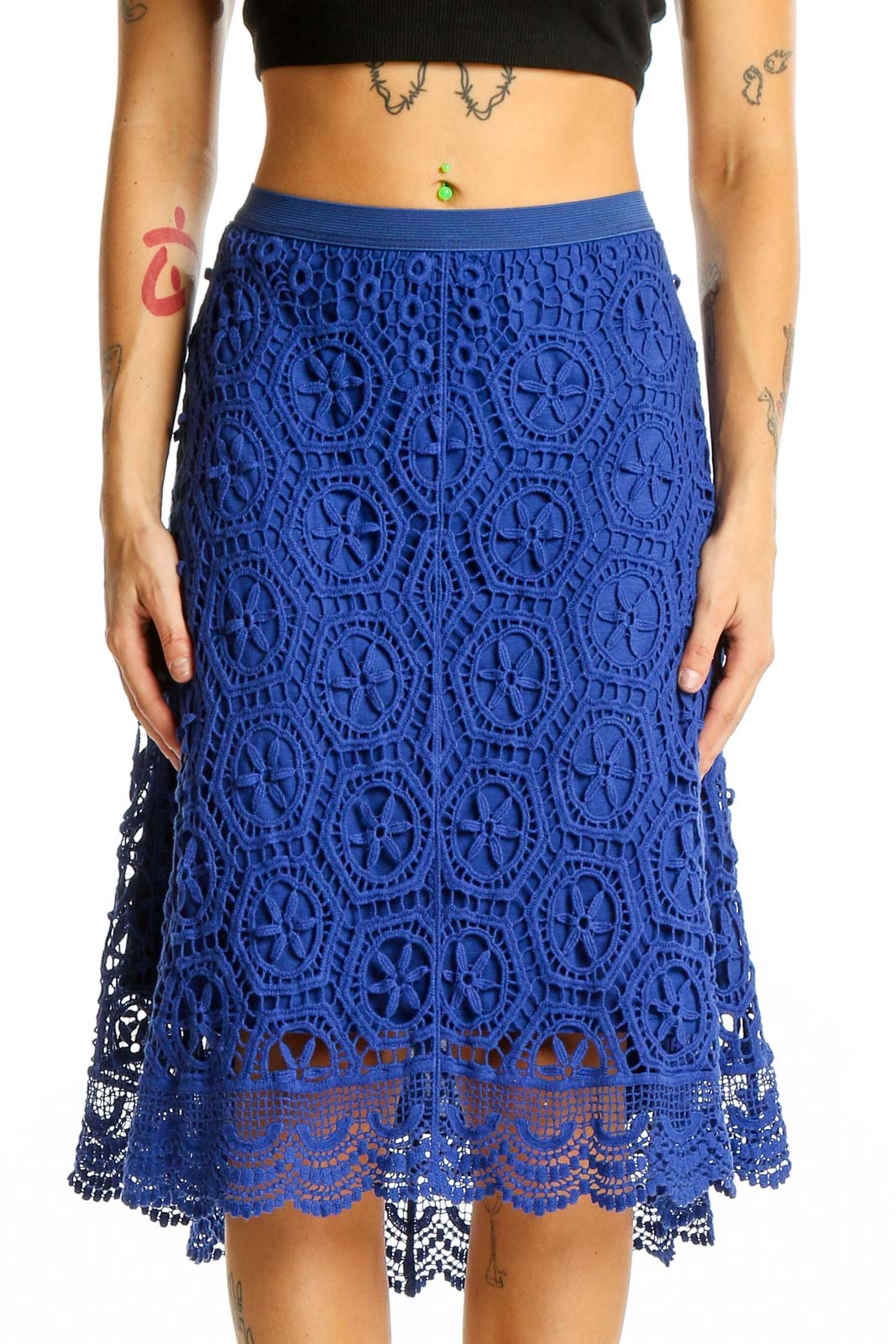 Royal Blue Crochet Lace Midi Skirt Front