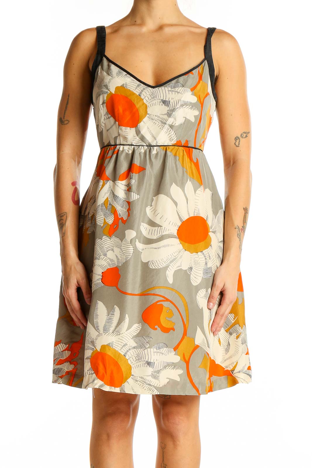 Gray Floral Print Sleeveless Sundress Front