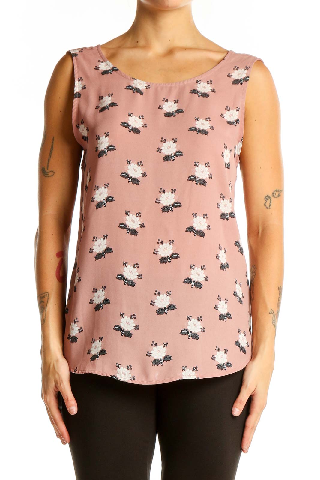 Pink Floral Print Sleeveless Blouse Front