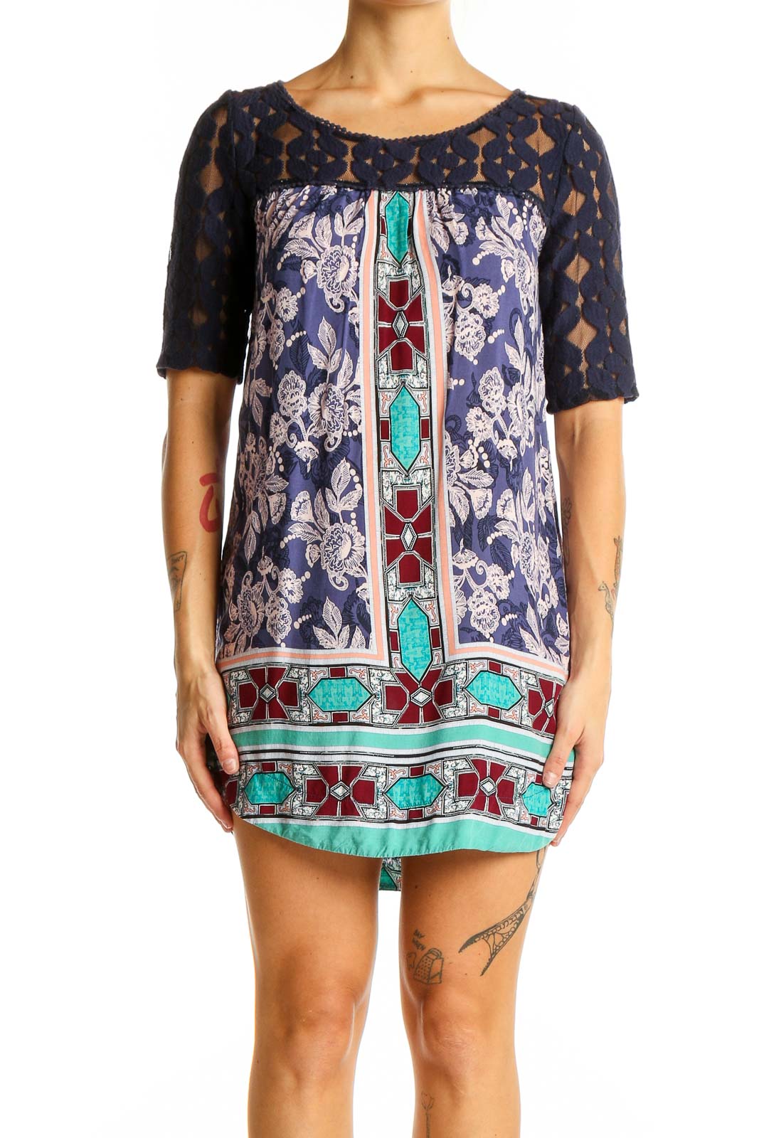 Navy Floral Print Lace Yoke Shift Dress Front