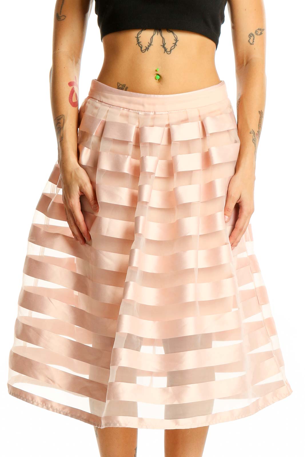 Pink Striped A Line Skirt Front