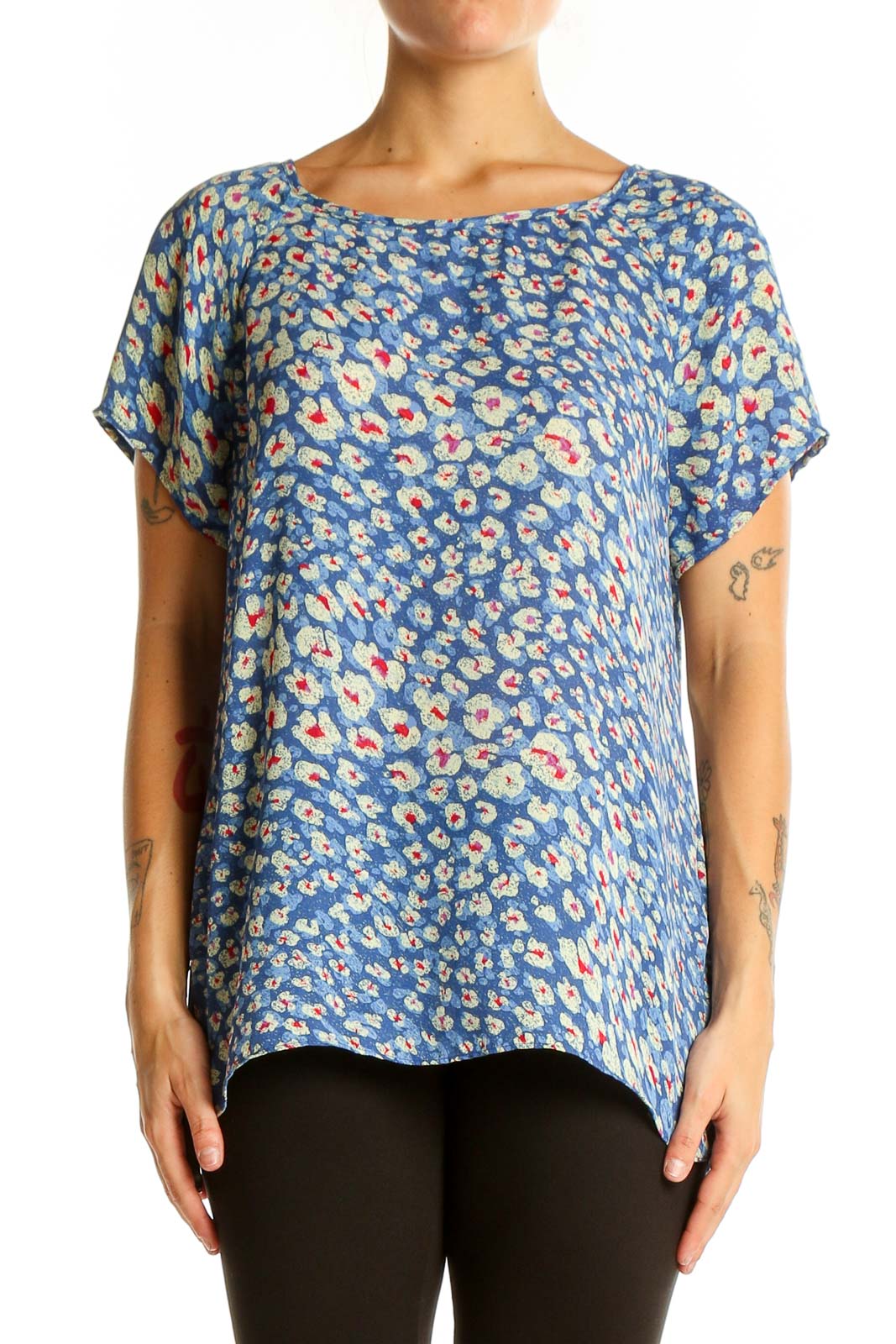 Blue Floral Print Short Sleeve Blouse Front