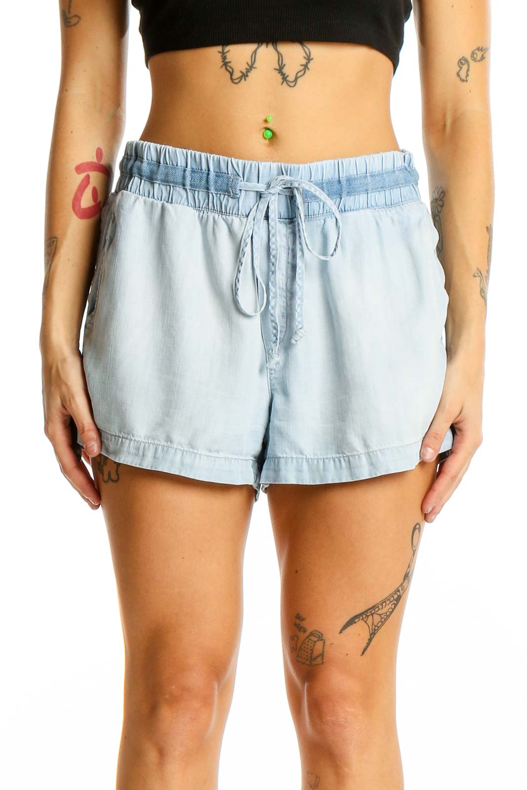 Light Blue Tencel Lyocell Drawstring Shorts Front
