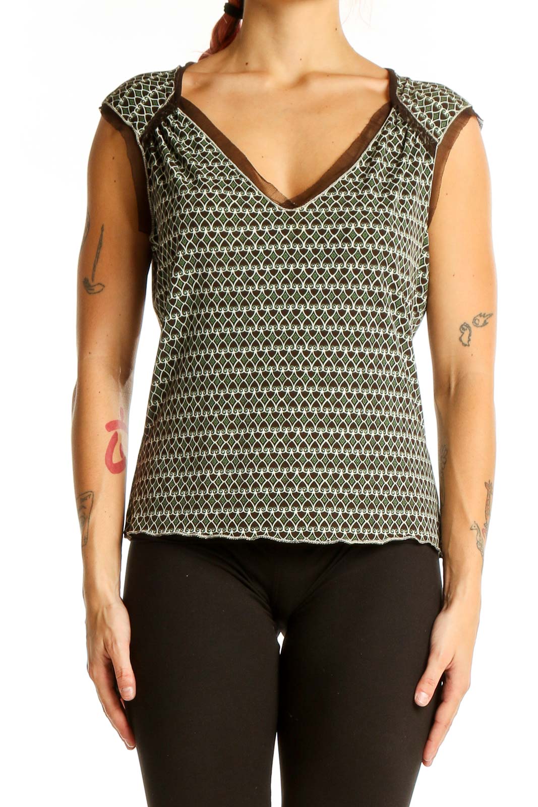 Green Geometric Print V-Neck Cap Sleeve Top Front